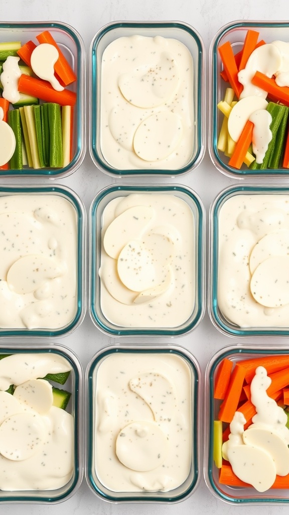 Keto Alfredo sauce meal prep containers with assorted vegetables