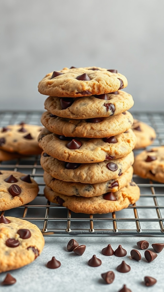 Delicious almond flour chocolate chip cookies stacked on a cooling rack