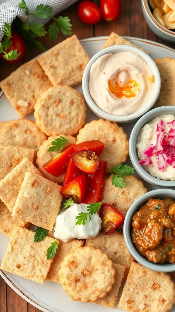 A platter of crispy almond flour crackers accompanied by various dips and fresh ingredients.