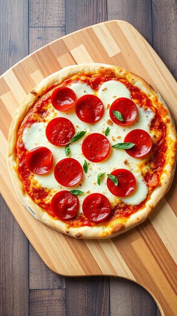 A keto pizza featuring an almond flour crust topped with pepperoni and fresh basil.