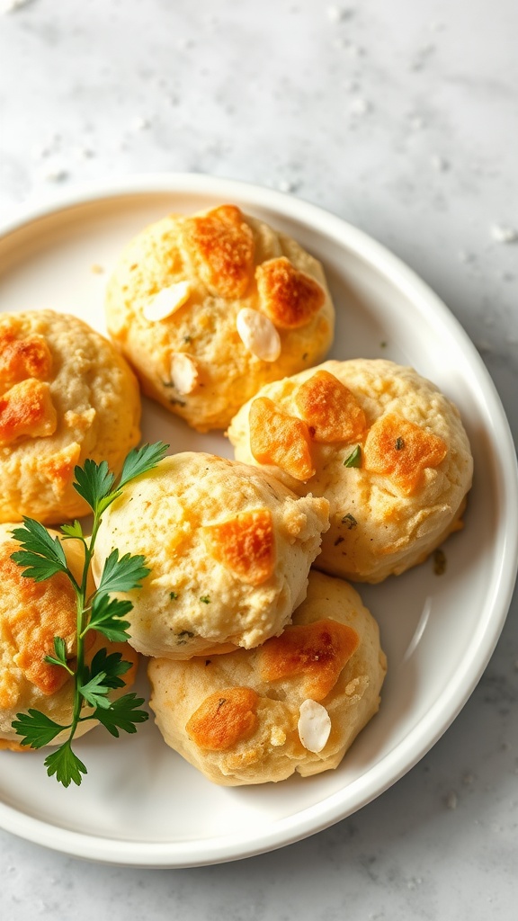 Almond flour garlic biscuits on a white plate garnished with parsley.