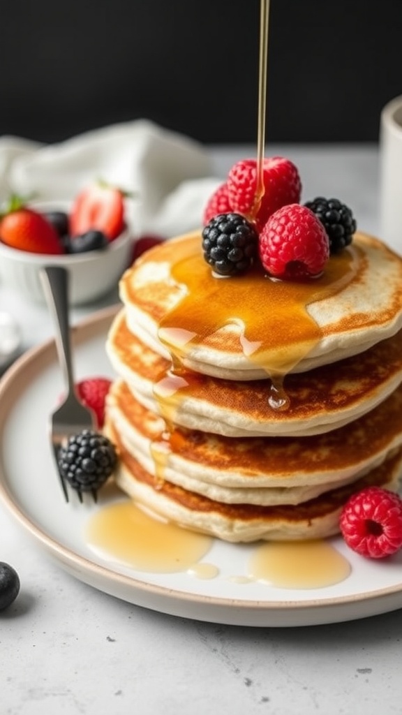 A stack of almond flour pancakes topped with fresh berries and syrup.