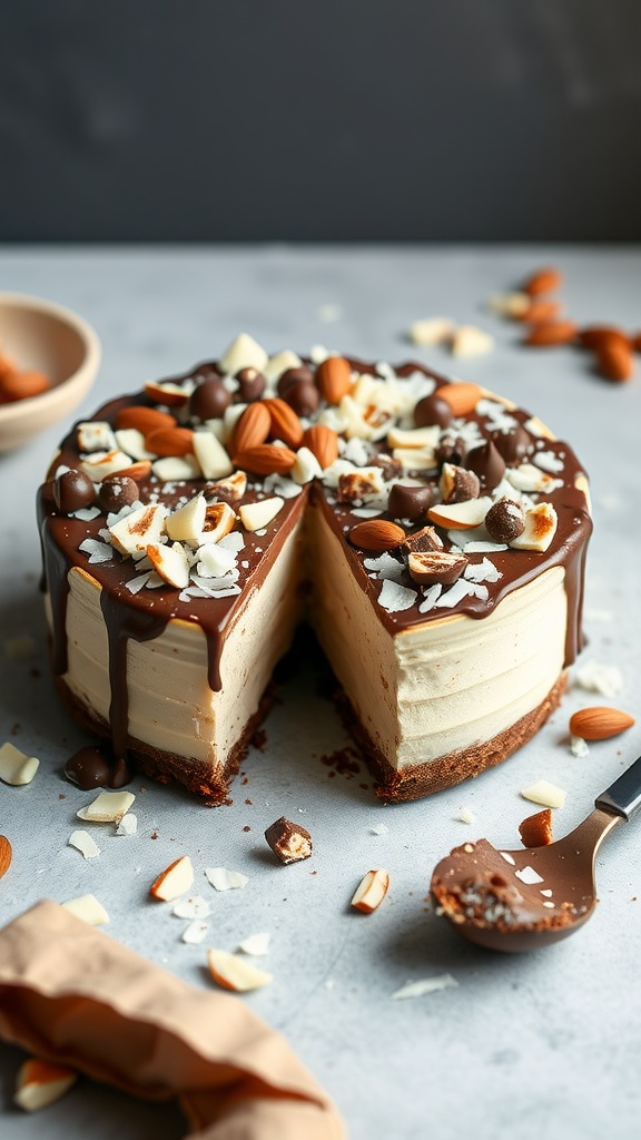 Almond Joy Keto Cheesecake topped with almonds and chocolate drizzle.