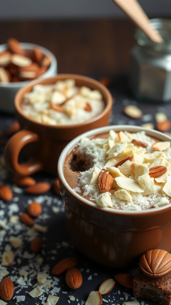 A delicious Almond Joy Keto Mug Cake topped with almonds and coconut flakes.