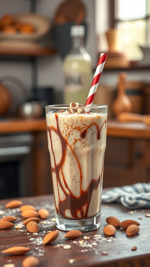 A delicious Almond Joy smoothie topped with almond slices and chocolate drizzle, served in a tall glass with a striped straw.