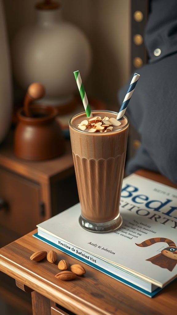 Almond Joy Smoothie in a tall glass with a colorful straw and toppings