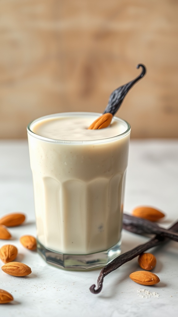A refreshing almond milk maca smoothie in a glass with almonds and vanilla beans arranged nearby.
