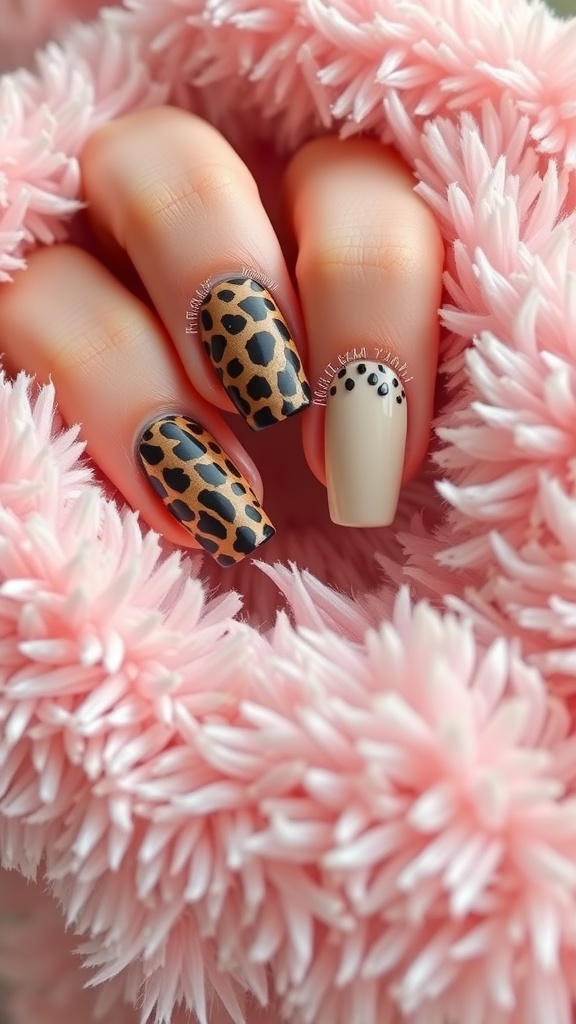 Nails featuring animal print accents surrounded by a fluffy pink material.