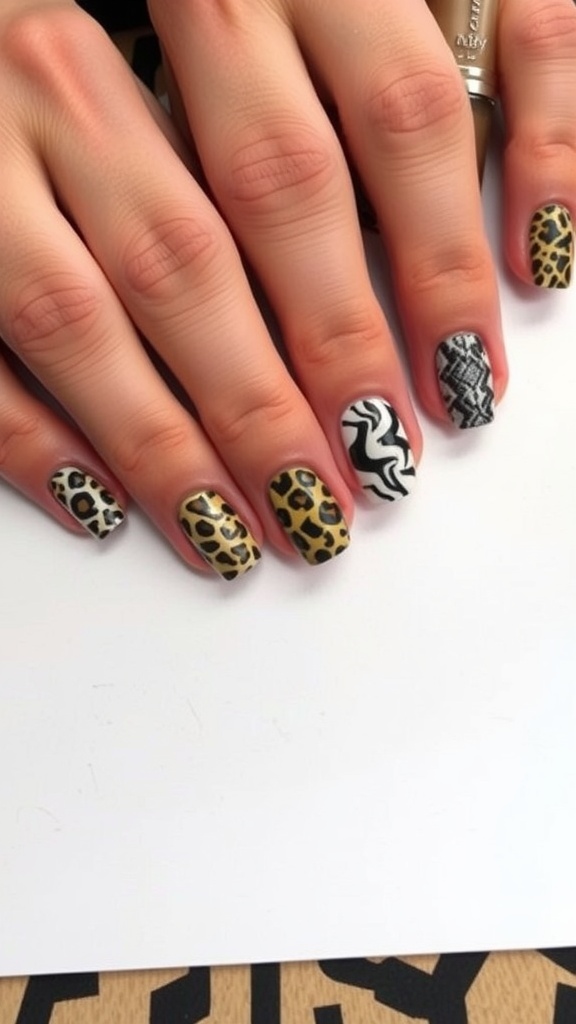 A close-up of hands with leopard print nails and various patterns.