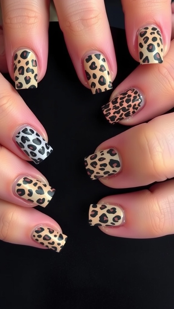 Close-up of short square nails featuring various animal print designs in neutral tones.