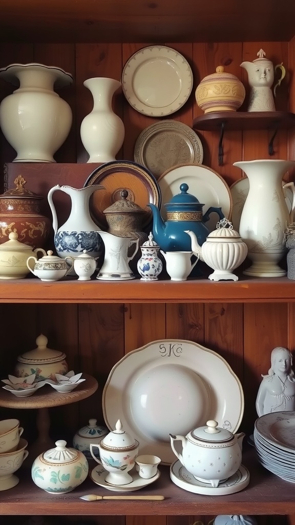 A collection of antique and vintage ceramics displayed on a wooden shelf.