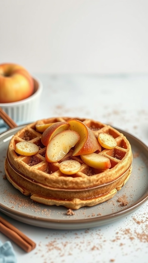 A delicious apple cinnamon chaffle served with apple slices on top.