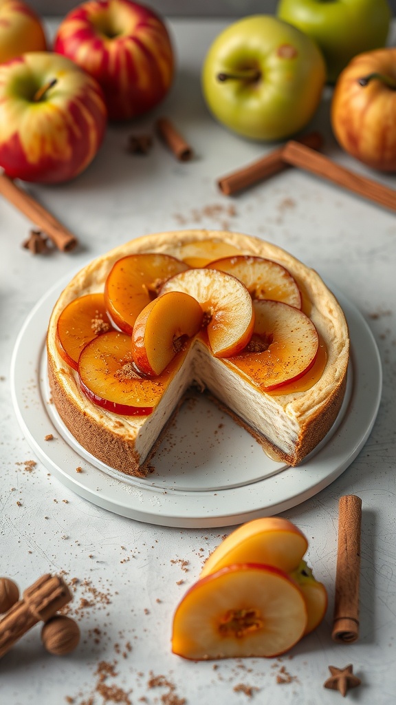 A delicious slice of apple cinnamon keto cheesecake topped with fresh apple slices.
