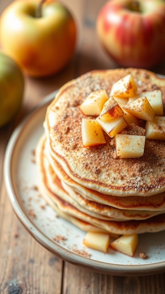 Stack of apple cinnamon keto pancakes topped with diced apples and cinnamon