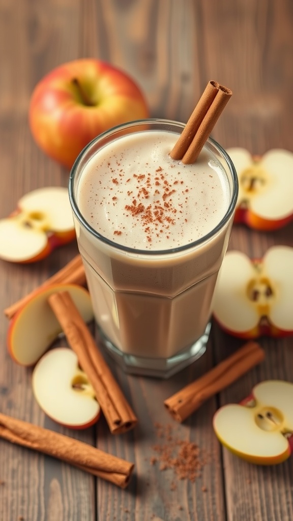 A glass of apple cinnamon smoothie with chopped apples and cinnamon sticks around it.