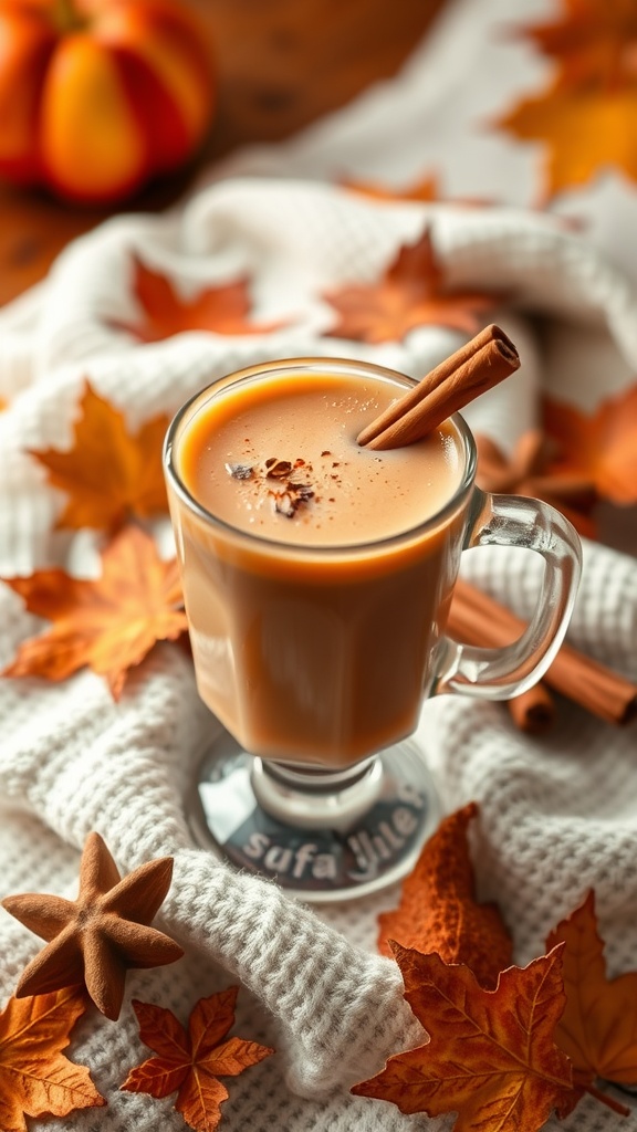 A cozy apple spice smoothie garnished with cinnamon and surrounded by autumn leaves.