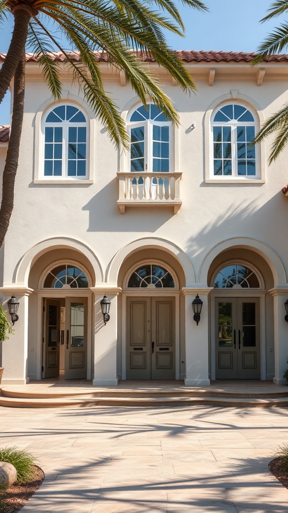 Beautiful Mediterranean style house with arched doorways and windows surrounded by palm trees