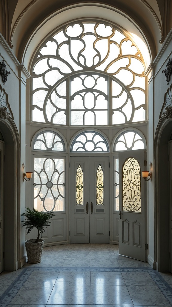 Art Nouveau interior featuring decorative windows and elegant architecture