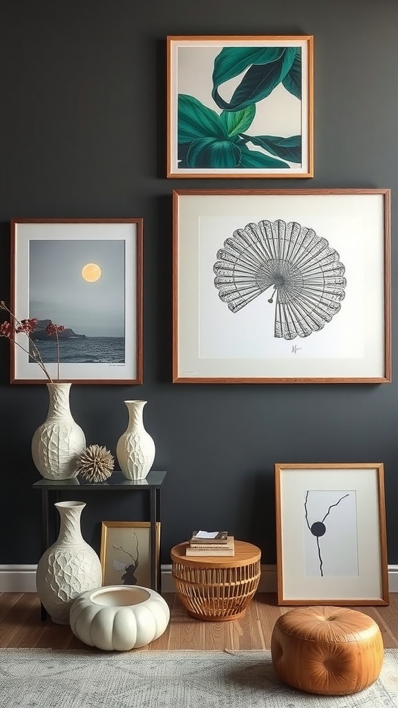 A stylish interior featuring framed artwork and decorative vases on a dark wall.
