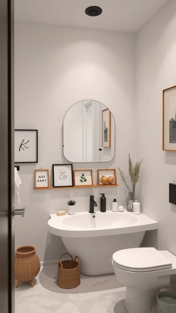 Modern bathroom interior featuring art and decor elements, including framed prints and plants.
