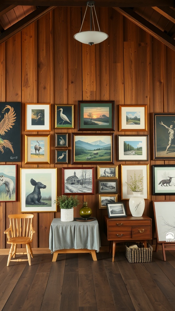 A gallery wall with framed artworks and a wooden chair in a barndominium interior.