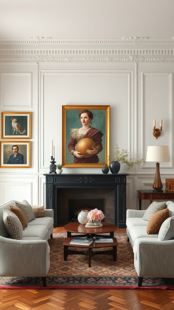 Luxurious living room with classic art and elegant decor.
