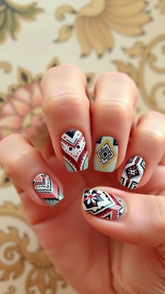 Hands displaying Art Deco inspired nails with geometric patterns in vibrant colors.