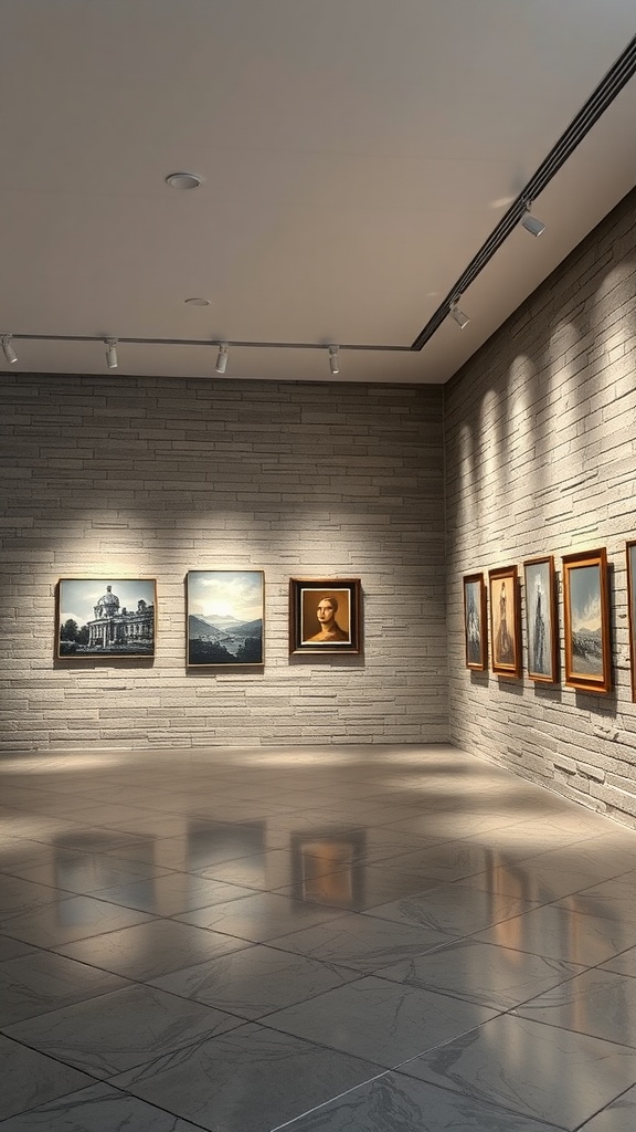 An interior space with stone walls showcasing various framed artworks.