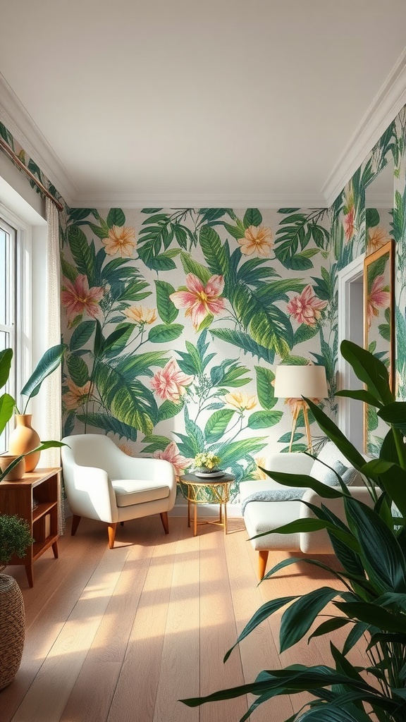 Interior featuring Art Nouveau style with floral wallpaper and natural elements.