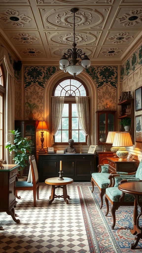 An elegant Art Nouveau interior featuring intricate designs and vintage furniture.