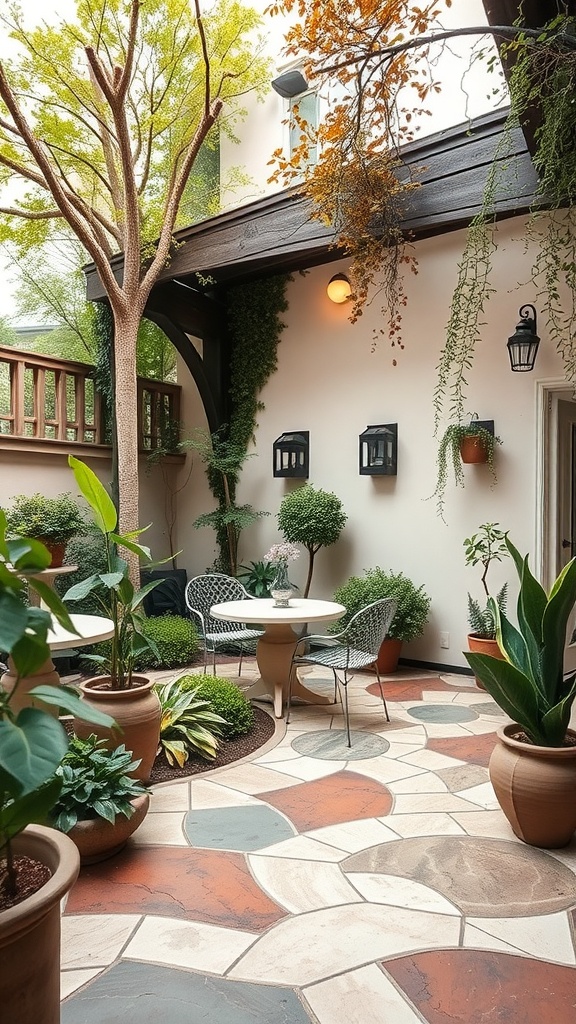 Art Nouveau garden with plants, a table, and chairs in a cozy outdoor setting.