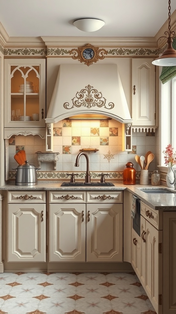 An Art Nouveau inspired kitchen featuring ornate cabinetry and floral patterns.