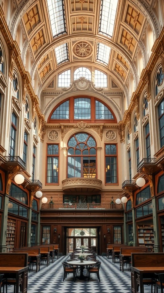 Interior of an Art Nouveau public space featuring elegant architecture and design.