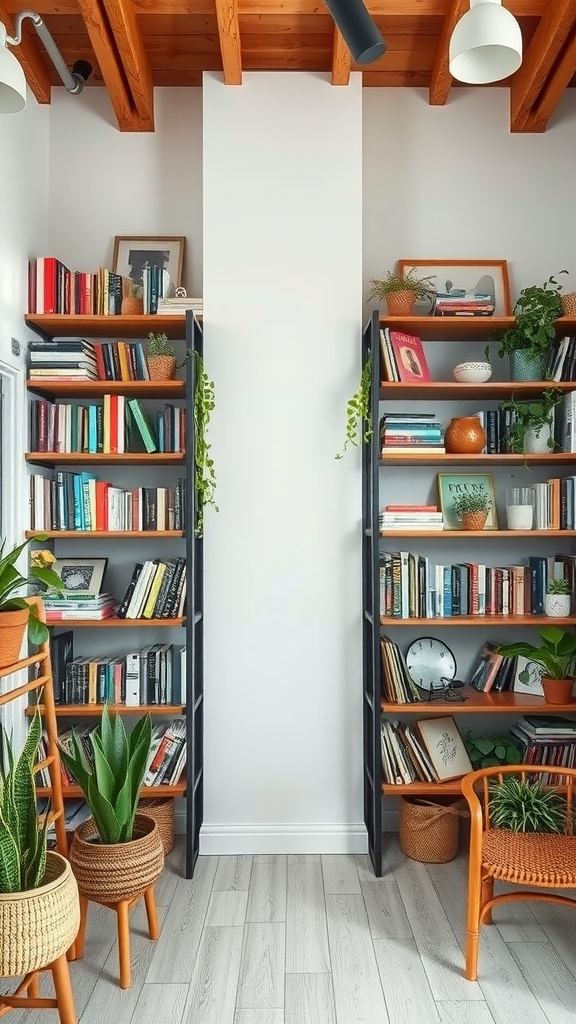 A stylish bohemian-inspired bookshelf with colorful books, plants, and decorative items.