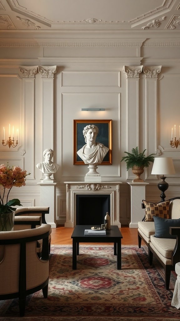 A neoclassical living room featuring classical sculptures, elegant furniture, and warm lighting.