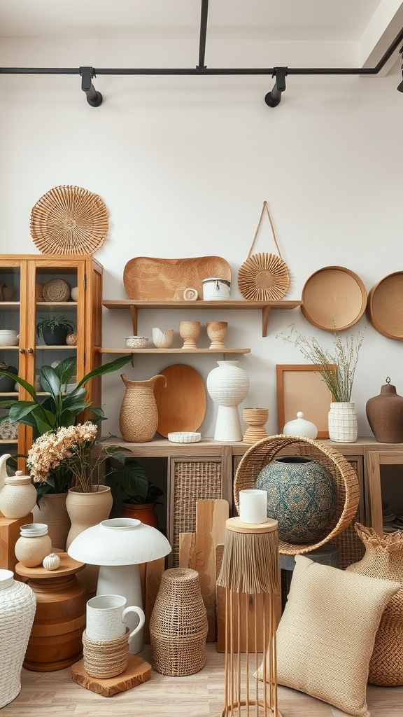 A collection of artisan-crafted decorative items in a Mediterranean interior setting.