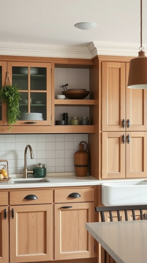 A beautifully crafted kitchen with wooden cabinetry, a farmhouse sink, and stylish decor.