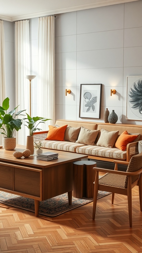 A cozy living room featuring artisan-crafted furniture with a stylish sofa, wooden coffee table, and decorative accents.