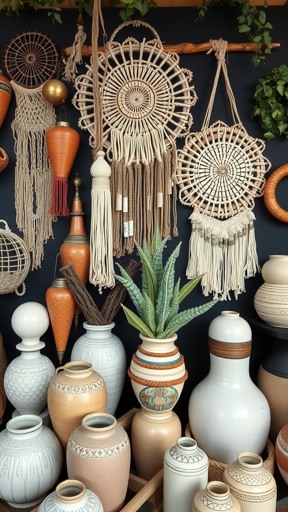 A display of artisan handcrafted decor including woven wall hangings, vases, and natural elements.