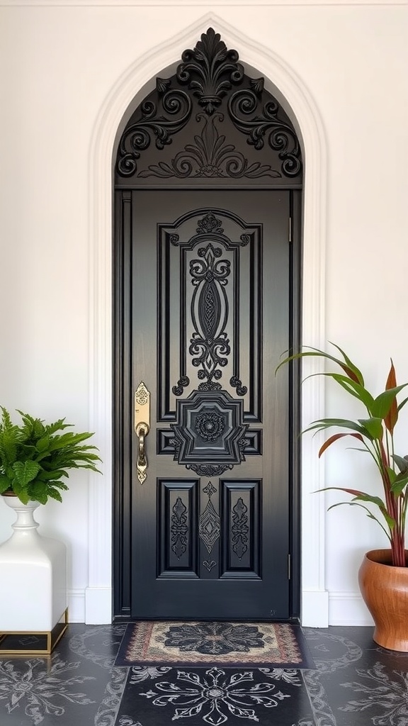 An intricately designed black door with decorative carvings and a stylish handle.