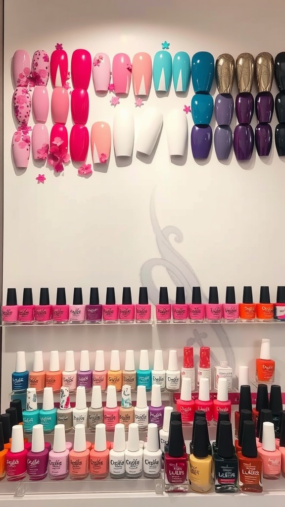 Colorful nail polish display with artistic nail designs on the wall