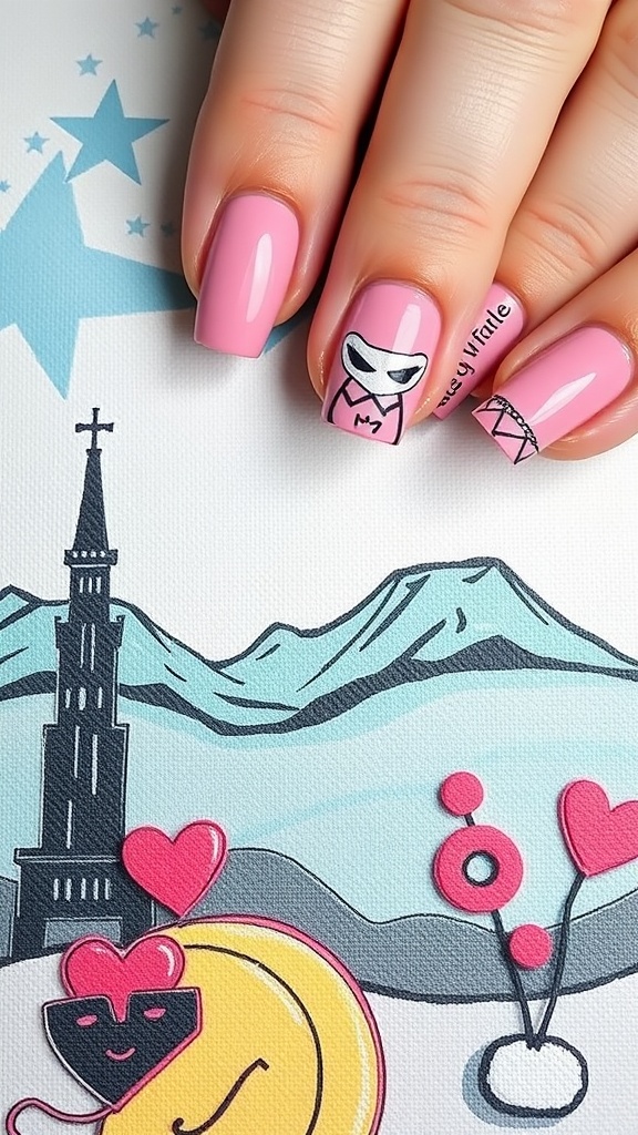 Artistic pink chrome nails with fun designs