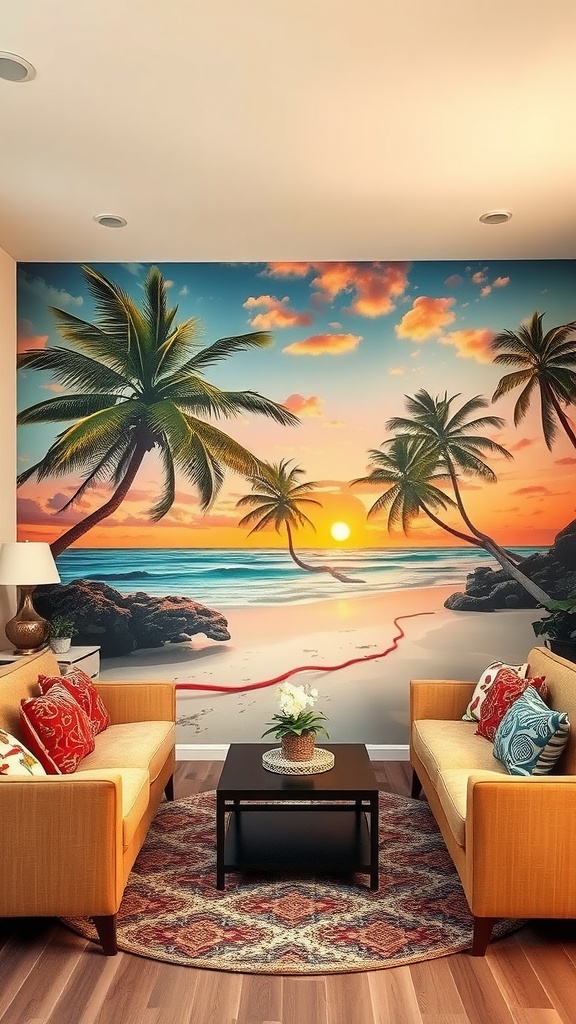 A cozy living room with a tropical mural of a beach sunset featuring palm trees.