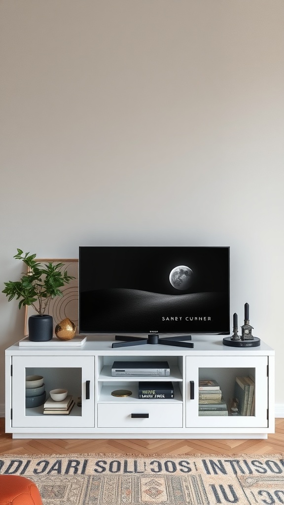 A stylish white TV unit with a modern design, featuring glass doors and decorative items, with a TV placed on top.