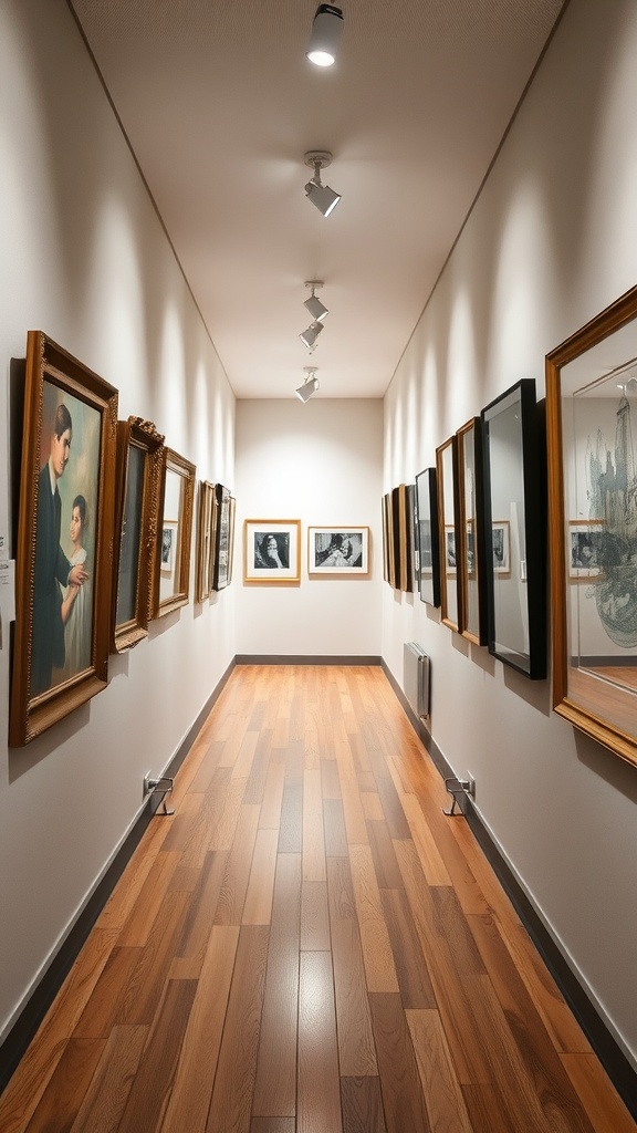 Interior hallway with artistic wall decor featuring various framed artworks.
