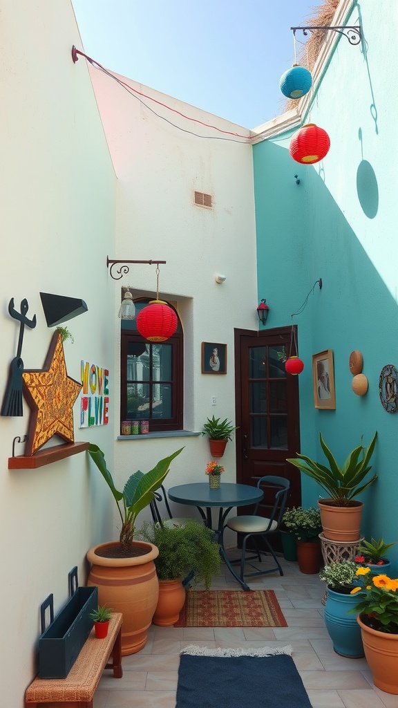 Small patio with artistic wall decor and plants.