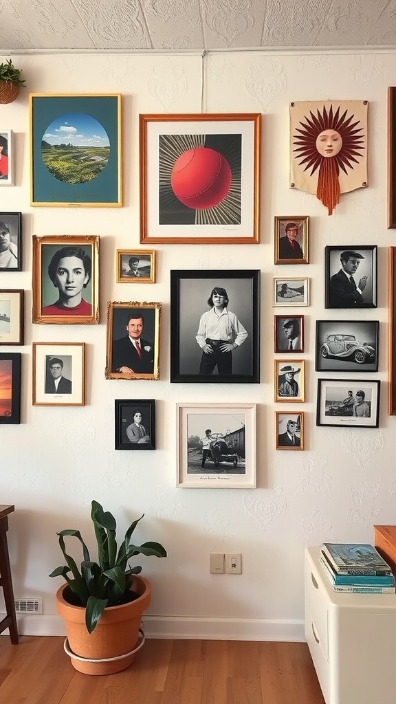 A wall displaying various artistic hangings including portraits and abstract art.