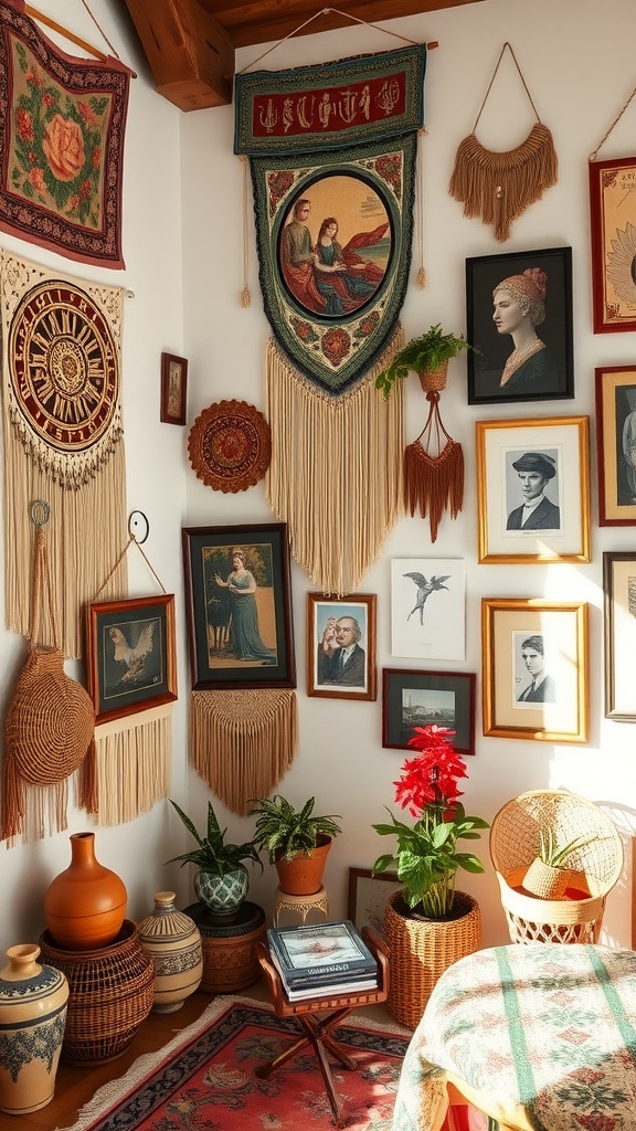 A corner of a room decorated with various artistic wall hangings, including tapestries and framed pictures.