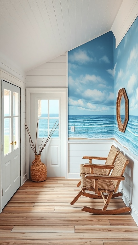 Beach house interior with artistic wall treatments and natural decor.