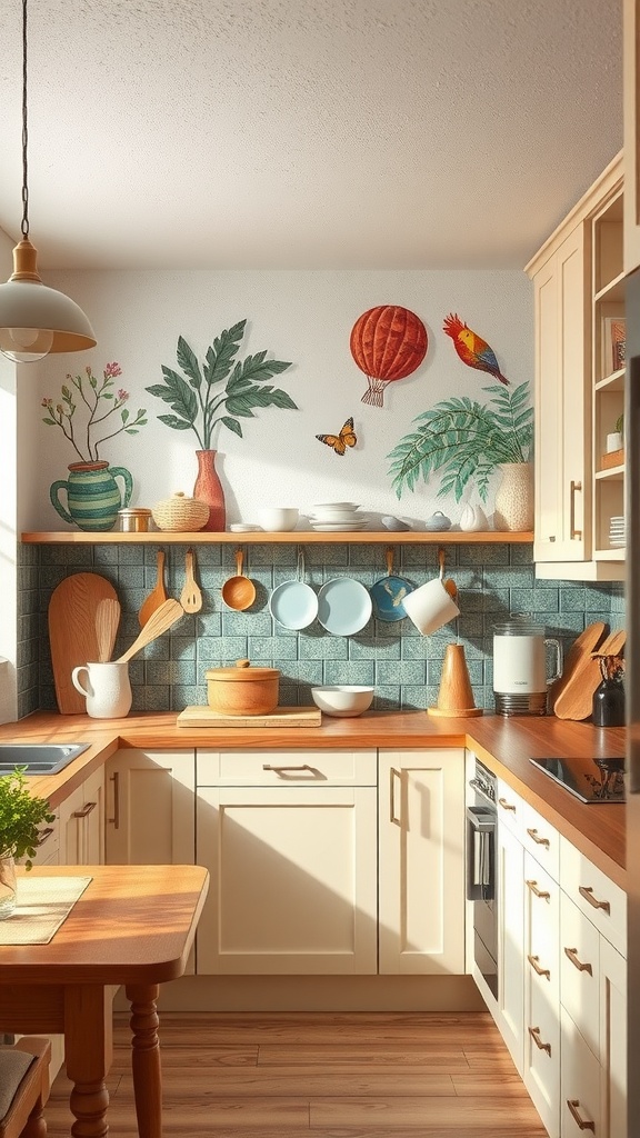 A cozy kitchen with artistic wall treatments featuring plants, birds, and a hot air balloon.
